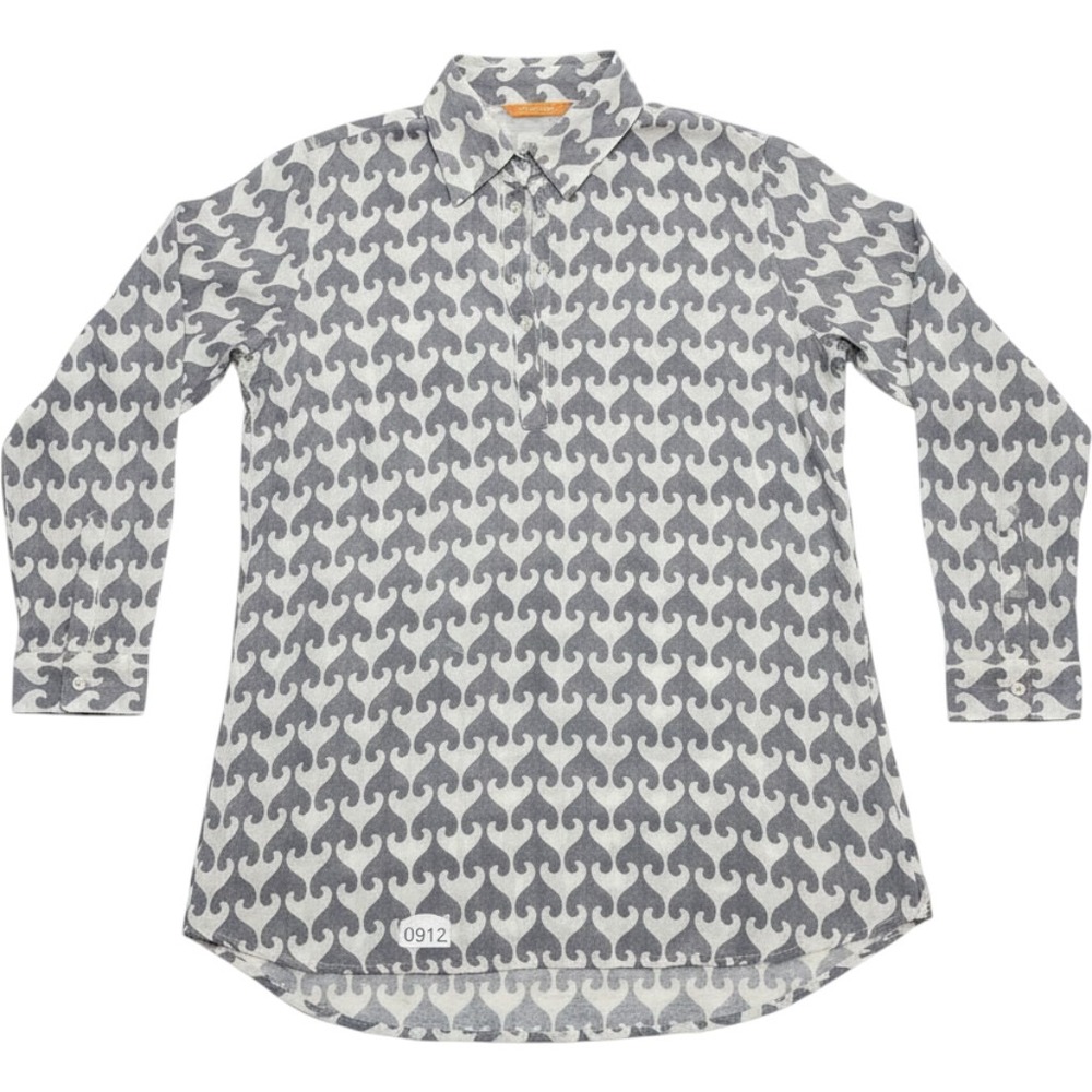Oliphant Womens XL Cotton Block Print Tunic Shirt Grey White Long Sleeve Top